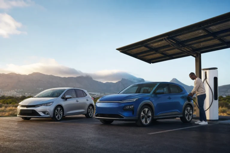 An electric car charging beside a hybrid vehicle in South Africa