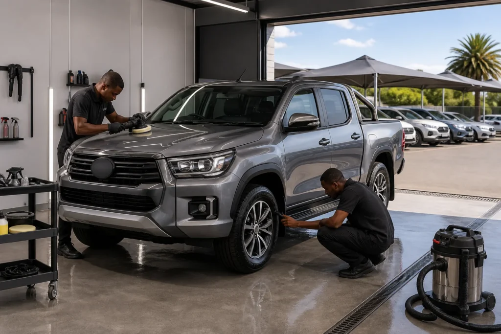 Technicians detailing a bakkie before a vehicle appraisal