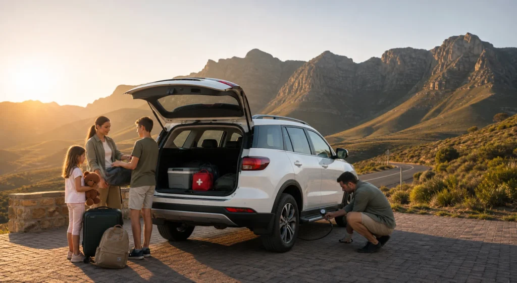 A family loading an SUV while a driver checks a tyre before a trip