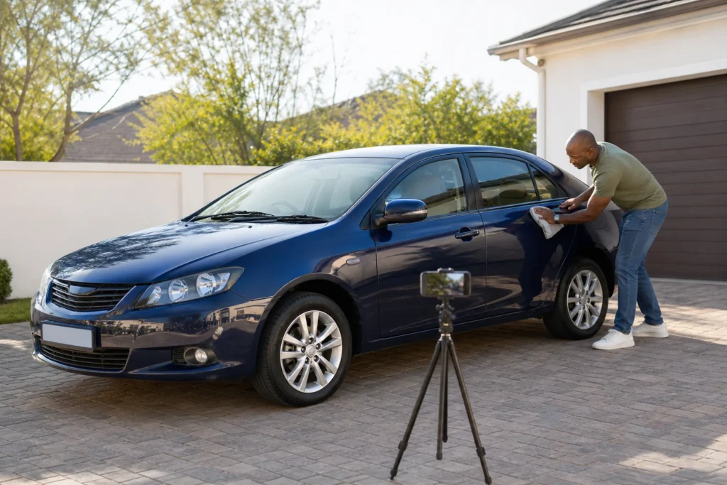 A seller photographing a clean sedan for an online vehicle advert