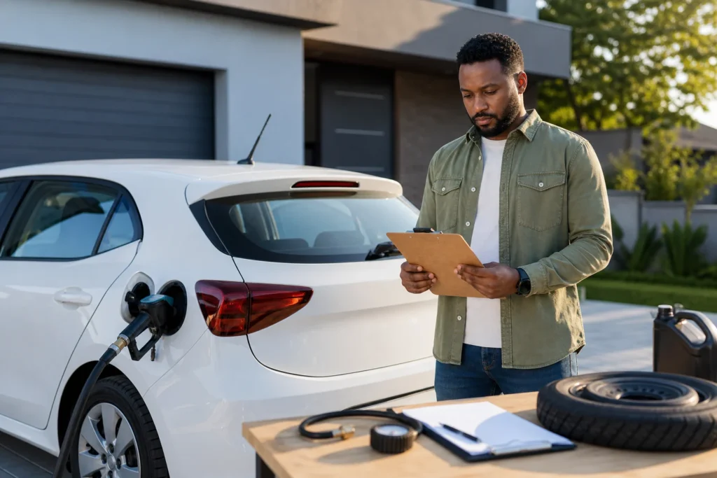 A vehicle owner reviewing a motoring budget beside a hatchback