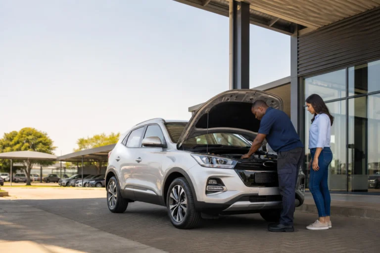 A buyer and technician inspecting a used SUV before purchase