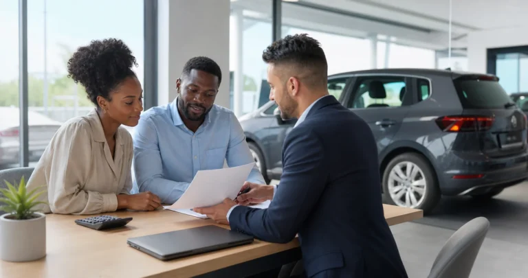 A couple reviewing vehicle finance documents with an adviser